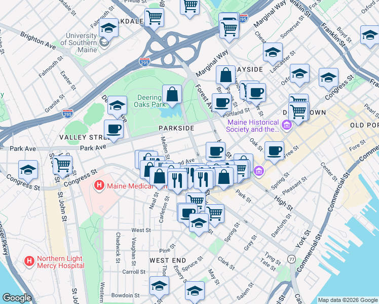 map of restaurants, bars, coffee shops, grocery stores, and more near 56 Sherman Street in Portland