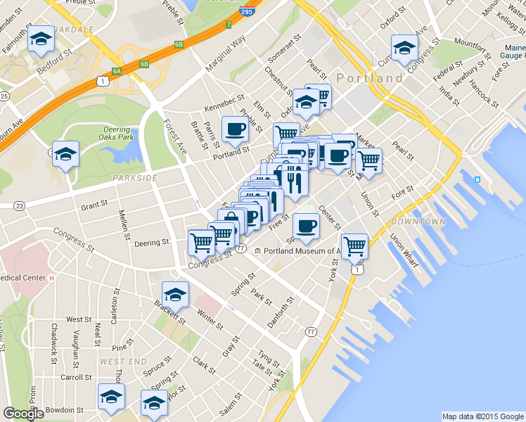map of restaurants, bars, coffee shops, grocery stores, and more near 533 Congress Street in Portland