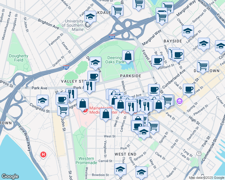 map of restaurants, bars, coffee shops, grocery stores, and more near 121 Grant Street in Portland