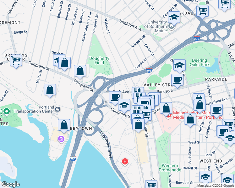 map of restaurants, bars, coffee shops, grocery stores, and more near 349 Park Avenue in Portland