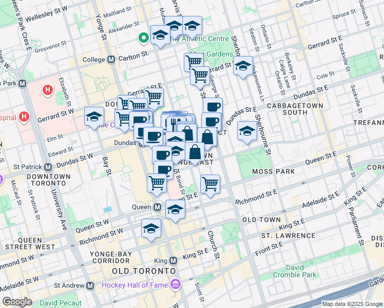 map of restaurants, bars, coffee shops, grocery stores, and more near in Toronto