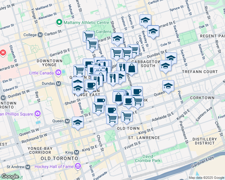 map of restaurants, bars, coffee shops, grocery stores, and more near George Street in Toronto