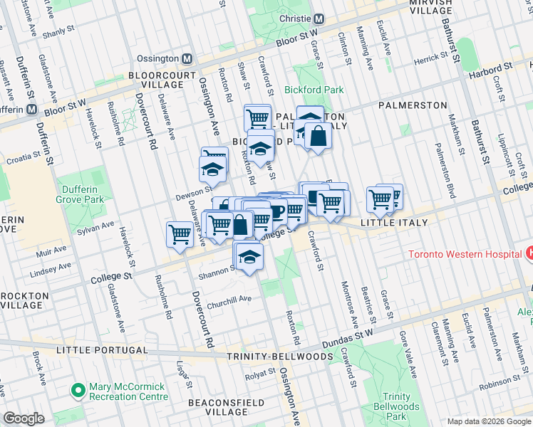map of restaurants, bars, coffee shops, grocery stores, and more near 259 Roxton Road in Toronto