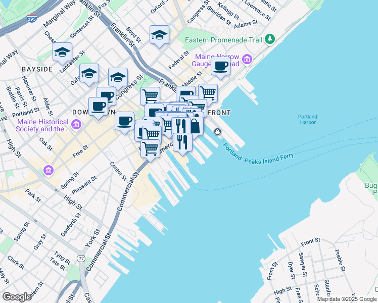 map of restaurants, bars, coffee shops, grocery stores, and more near 12 Portland Pier in Portland