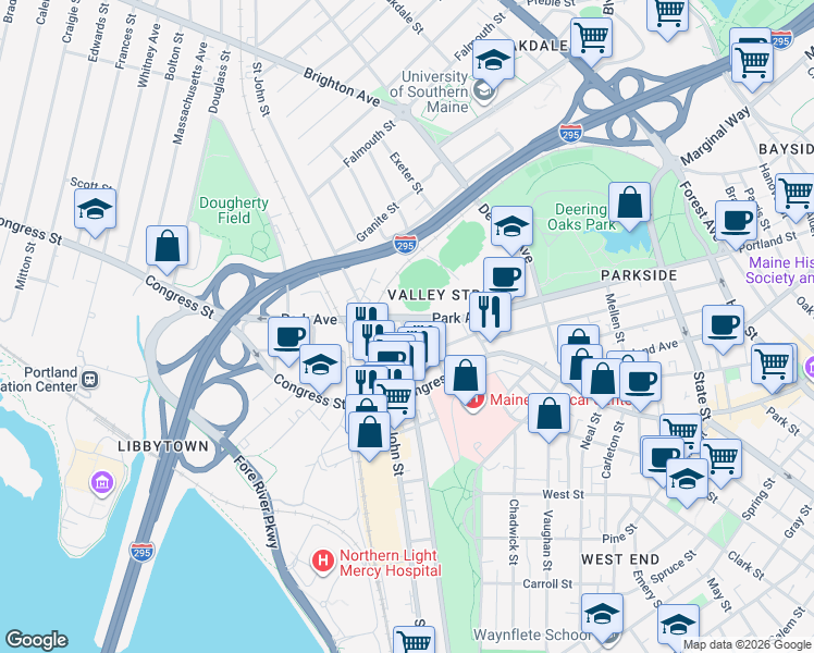map of restaurants, bars, coffee shops, grocery stores, and more near 278 Park Avenue in Portland