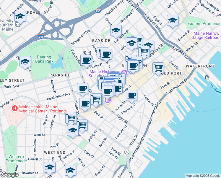 map of restaurants, bars, coffee shops, grocery stores, and more near 74 Oak Street in Portland