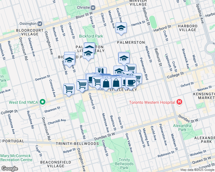 map of restaurants, bars, coffee shops, grocery stores, and more near 179 Grace Street in Toronto