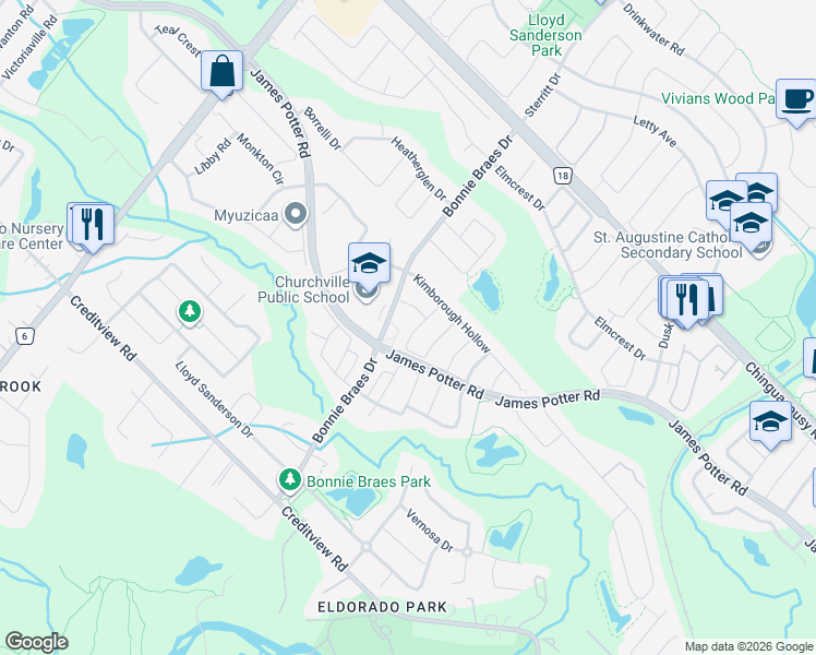 map of restaurants, bars, coffee shops, grocery stores, and more near 64 Chesterwood Crescent in Brampton