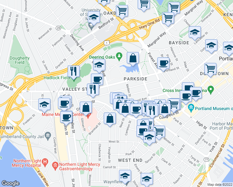 map of restaurants, bars, coffee shops, grocery stores, and more near 121 Grant Street in Portland