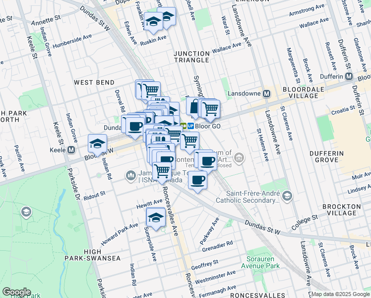 map of restaurants, bars, coffee shops, grocery stores, and more near 2280 Dundas Street West in Toronto