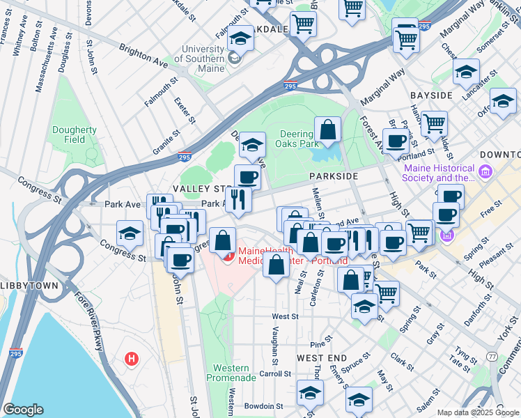 map of restaurants, bars, coffee shops, grocery stores, and more near 165 Grant Street in Portland