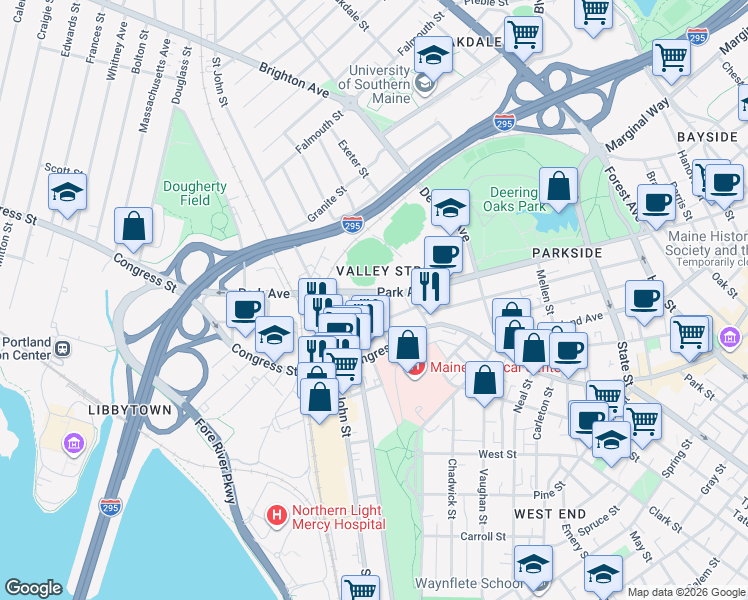 map of restaurants, bars, coffee shops, grocery stores, and more near 45 Forest Street in Portland