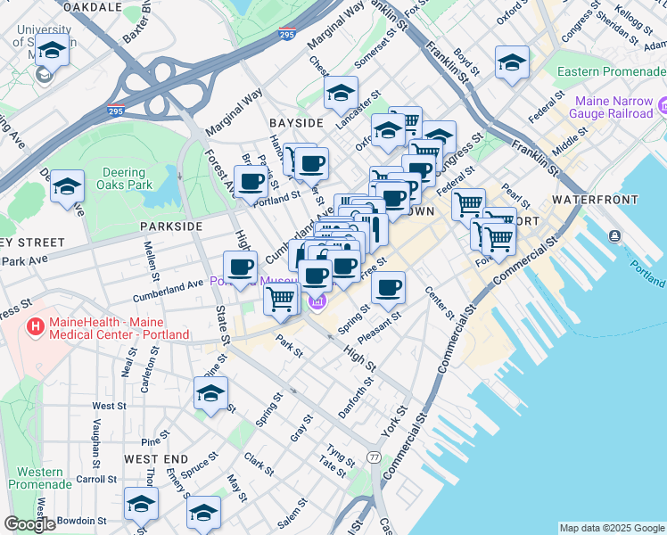 map of restaurants, bars, coffee shops, grocery stores, and more near 547 Congress Street in Portland