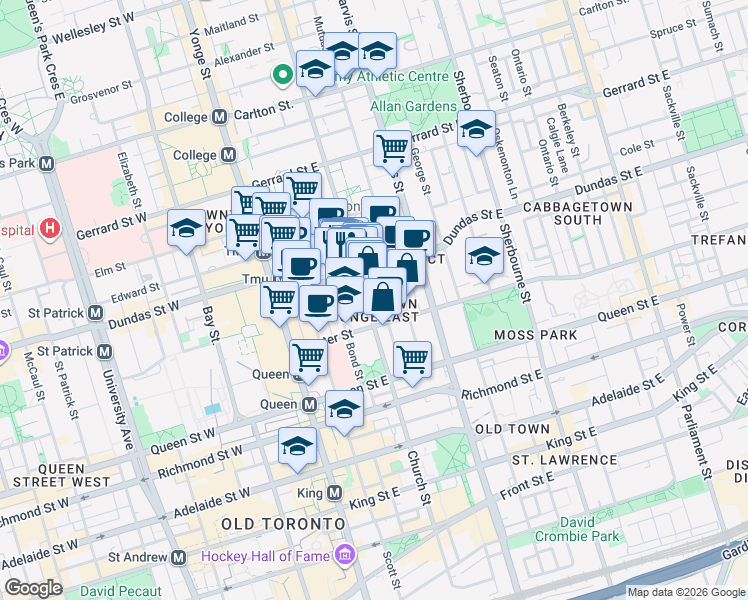 map of restaurants, bars, coffee shops, grocery stores, and more near 197 Church Street in Toronto