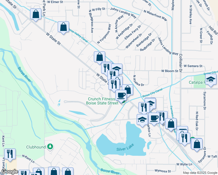 map of restaurants, bars, coffee shops, grocery stores, and more near 5605 West State Street in Garden City
