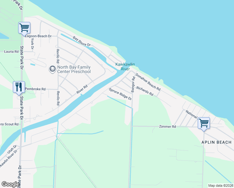 map of restaurants, bars, coffee shops, grocery stores, and more near 49 Pine Ridge Drive in Bay City
