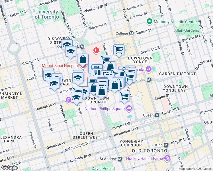 map of restaurants, bars, coffee shops, grocery stores, and more near 123 Edward Street in Toronto