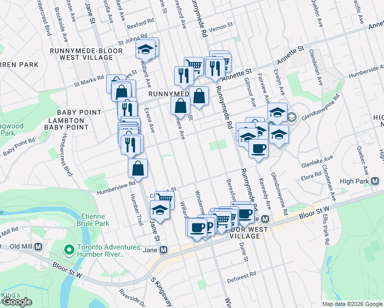 map of restaurants, bars, coffee shops, grocery stores, and more near 611 Windermere Avenue in Toronto