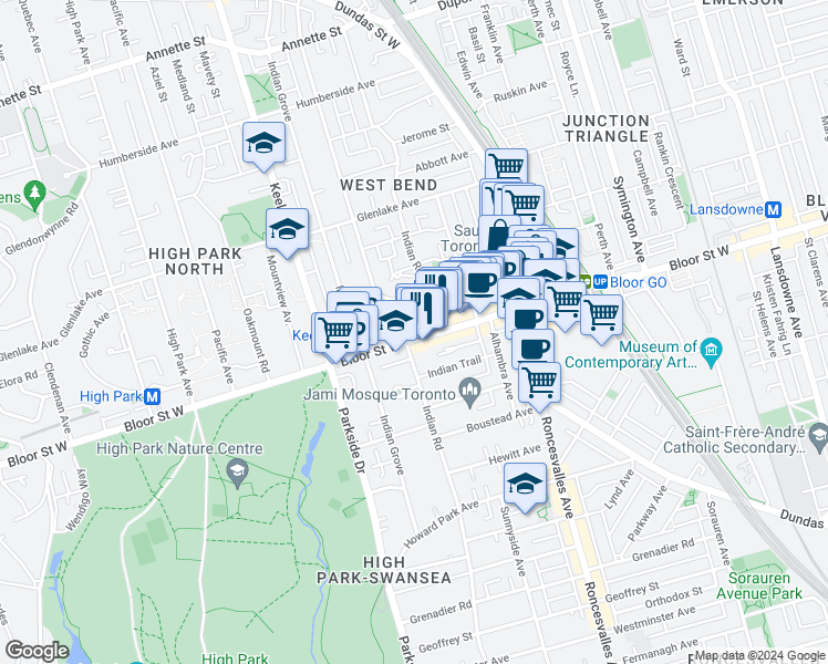 map of restaurants, bars, coffee shops, grocery stores, and more near 1648 Bloor Street West in Toronto