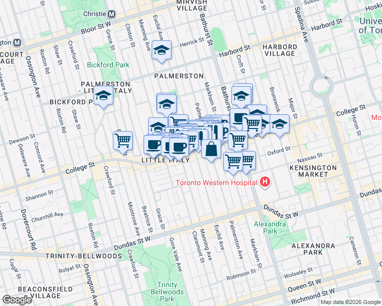 map of restaurants, bars, coffee shops, grocery stores, and more near College Street in Toronto