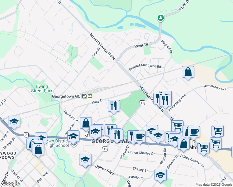 map of restaurants, bars, coffee shops, grocery stores, and more near 77 King Street in Halton Hills
