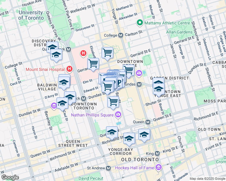 map of restaurants, bars, coffee shops, grocery stores, and more near 110 Dundas Street West in Toronto