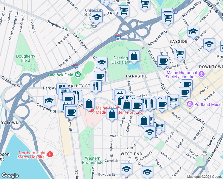 map of restaurants, bars, coffee shops, grocery stores, and more near Deering Avenue & Grant Street in Portland