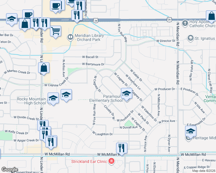 map of restaurants, bars, coffee shops, grocery stores, and more near 850 West Colbert Street in Meridian