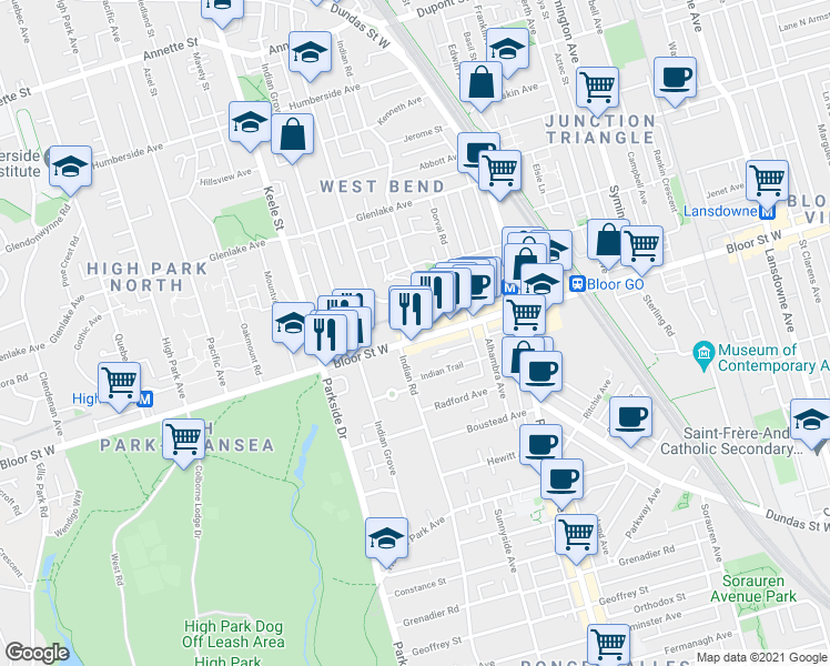 map of restaurants, bars, coffee shops, grocery stores, and more near 1638 Bloor Street West in Toronto