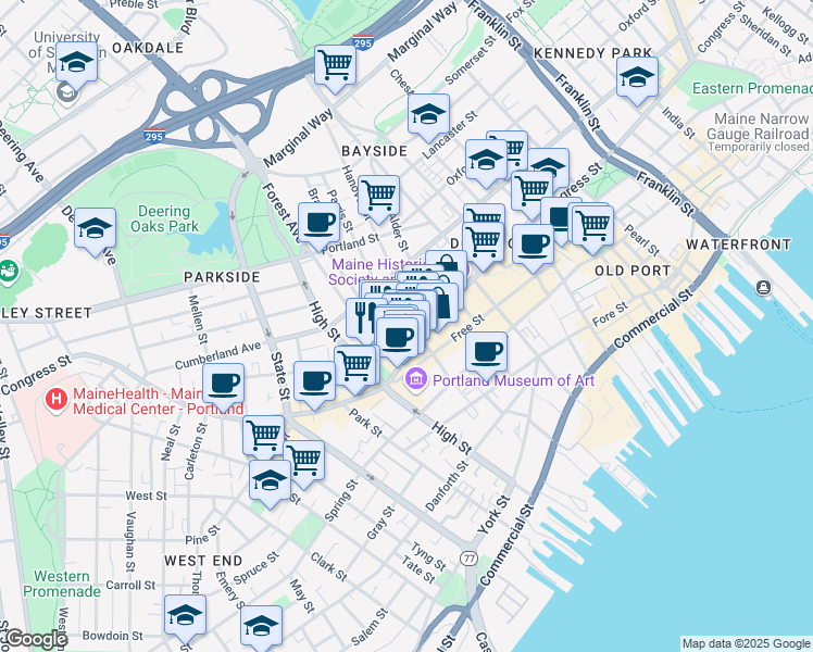 map of restaurants, bars, coffee shops, grocery stores, and more near 74 Oak Street in Portland