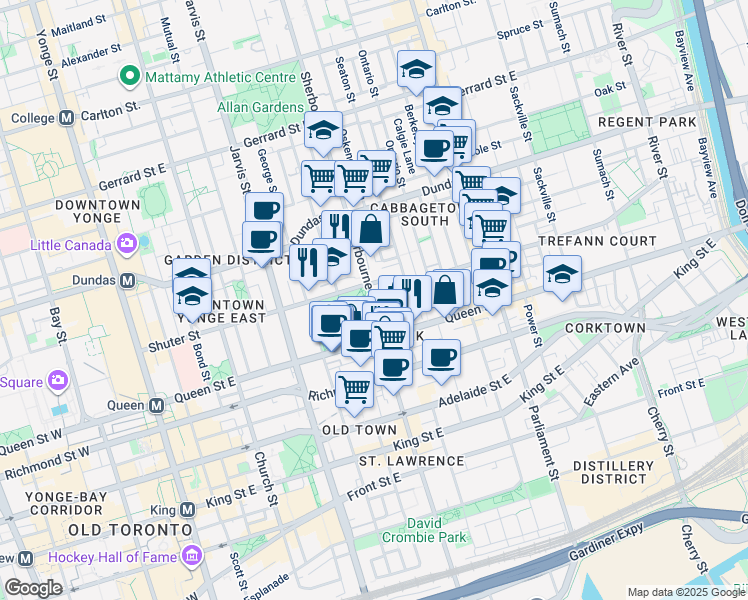 map of restaurants, bars, coffee shops, grocery stores, and more near Sherbourne Street in Toronto
