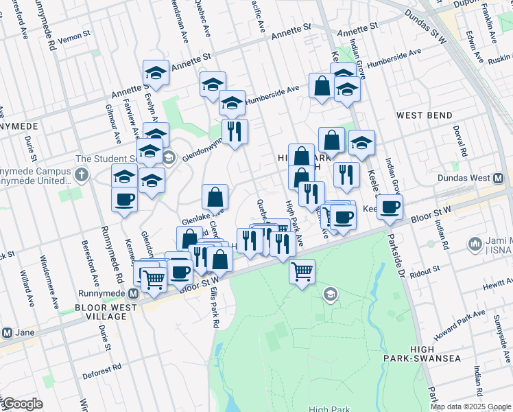 map of restaurants, bars, coffee shops, grocery stores, and more near 117 Gothic Avenue in Toronto