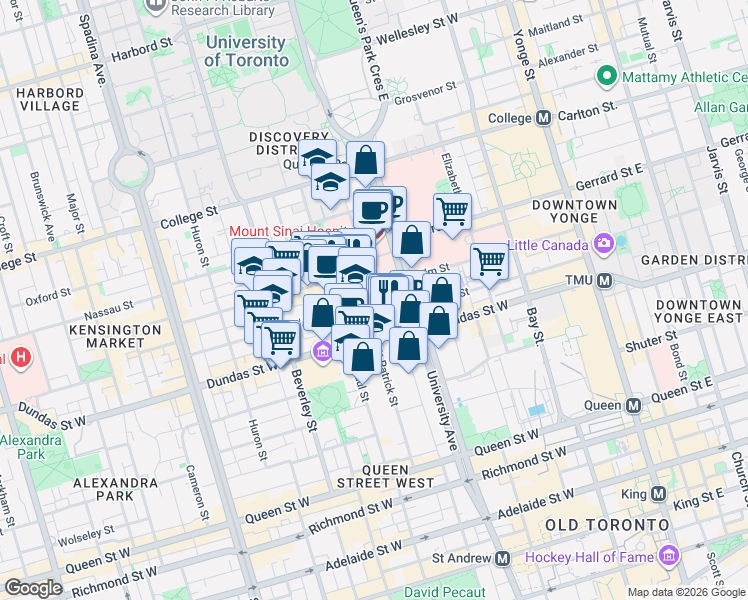 map of restaurants, bars, coffee shops, grocery stores, and more near 211 Saint Patrick Street in Toronto
