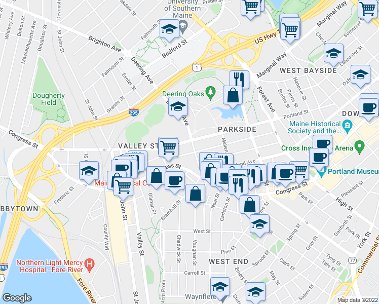 map of restaurants, bars, coffee shops, grocery stores, and more near 157 Grant Street in Portland