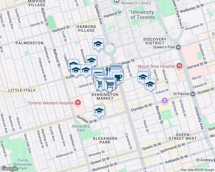 map of restaurants, bars, coffee shops, grocery stores, and more near 36 Nassau Street in Toronto