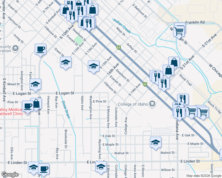 map of restaurants, bars, coffee shops, grocery stores, and more near 1704 Fillmore Street in Caldwell