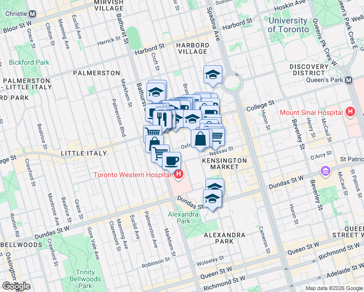map of restaurants, bars, coffee shops, grocery stores, and more near 106 Oxford Street in Toronto