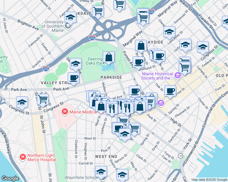 map of restaurants, bars, coffee shops, grocery stores, and more near 71 Sherman Street in Portland