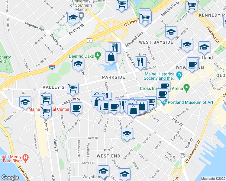 map of restaurants, bars, coffee shops, grocery stores, and more near 79 Sherman Street in Portland