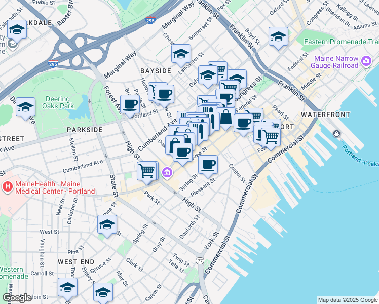 map of restaurants, bars, coffee shops, grocery stores, and more near 522 Congress Street in Portland