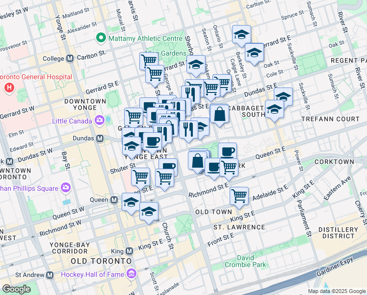 map of restaurants, bars, coffee shops, grocery stores, and more near 102 Shuter Street in Toronto