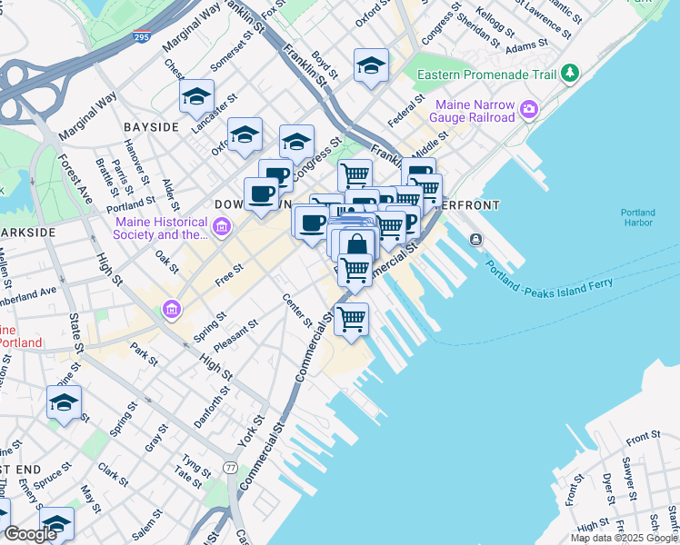 map of restaurants, bars, coffee shops, grocery stores, and more near 422 1/2 Fore Street in Portland