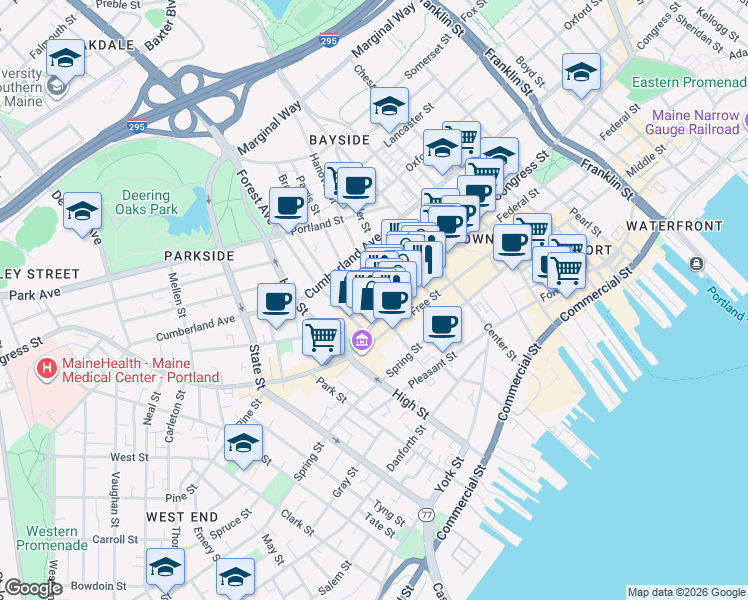 map of restaurants, bars, coffee shops, grocery stores, and more near 533 Congress Street in Portland