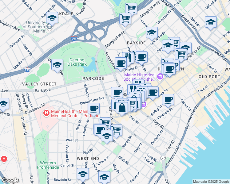 map of restaurants, bars, coffee shops, grocery stores, and more near 210 High Street in Portland