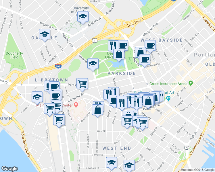 map of restaurants, bars, coffee shops, grocery stores, and more near 121 Grant Street in Portland