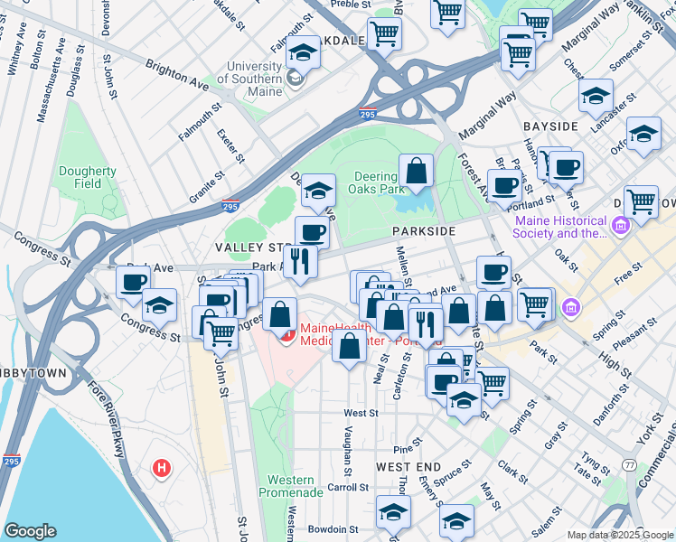 map of restaurants, bars, coffee shops, grocery stores, and more near 180 Park Street in Portland