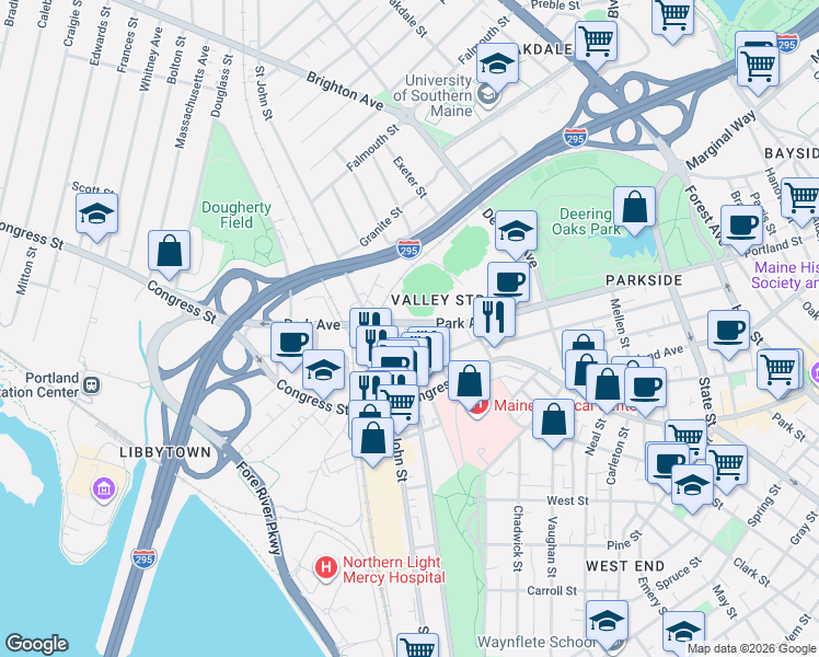map of restaurants, bars, coffee shops, grocery stores, and more near 295 Park Avenue in Portland