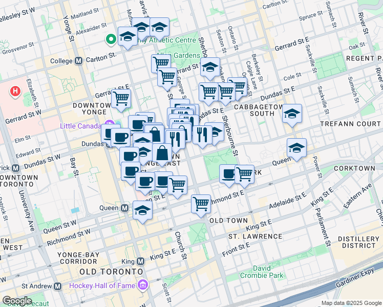 map of restaurants, bars, coffee shops, grocery stores, and more near in Toronto