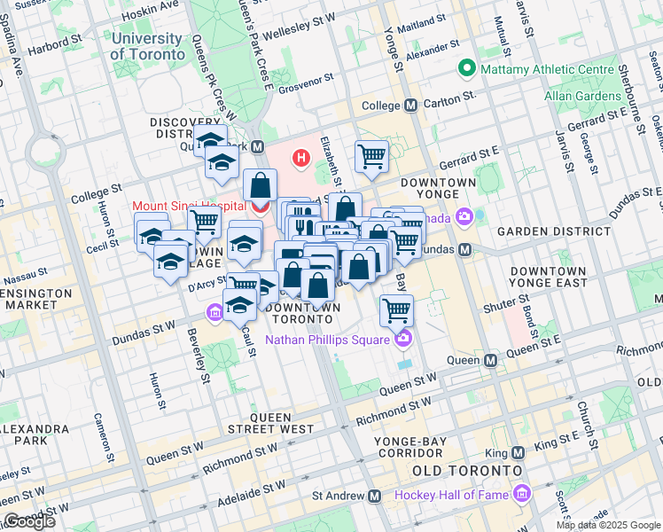 map of restaurants, bars, coffee shops, grocery stores, and more near 130 Edward Street in Toronto