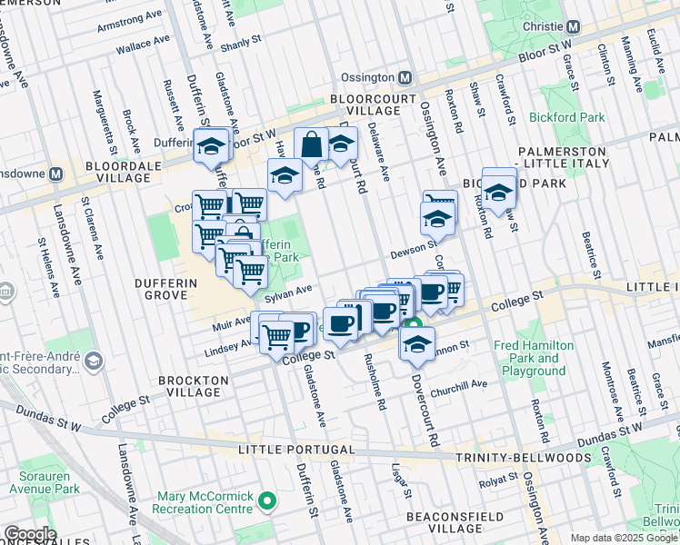 map of restaurants, bars, coffee shops, grocery stores, and more near in Toronto